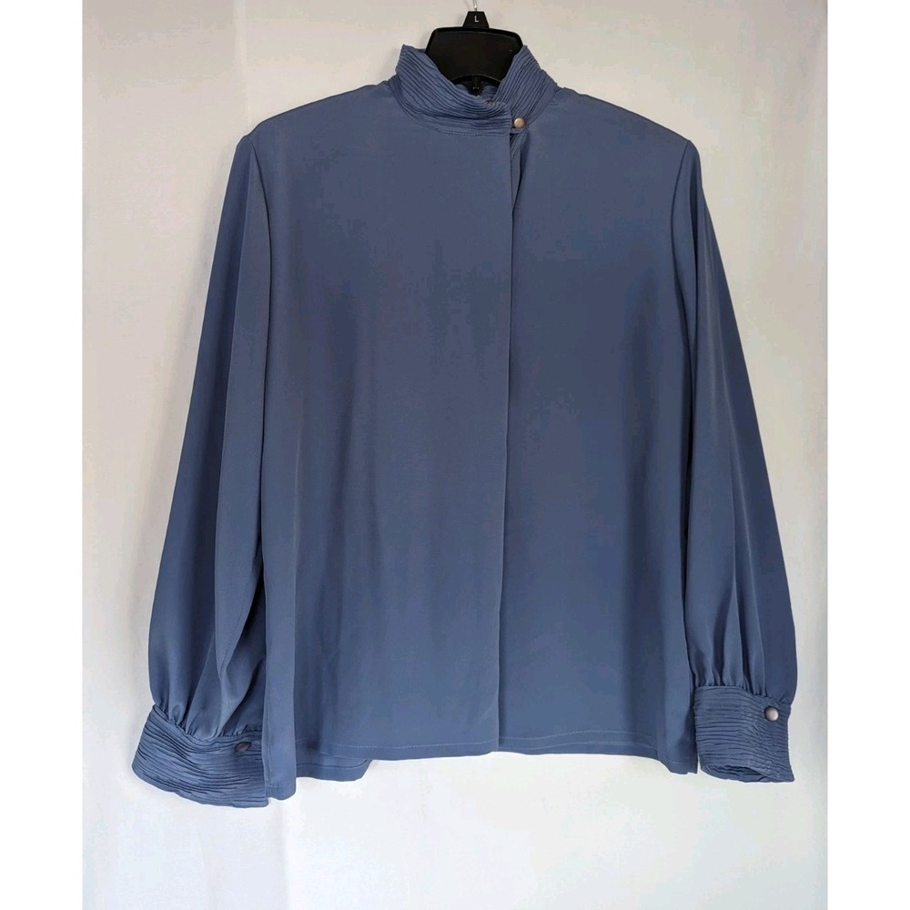 Vtg Pendleton Collection Blouse Women 10 Blue Polyester Plitted Collar &Cuffs